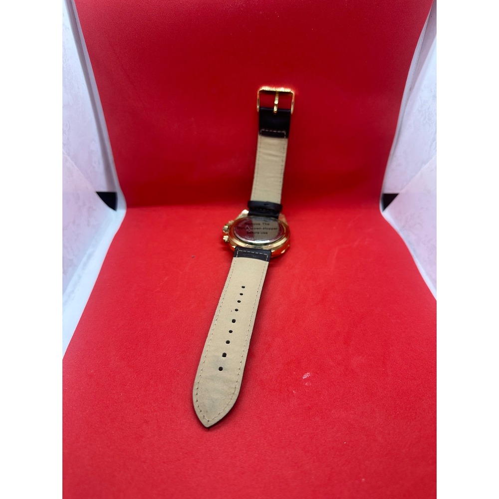 American Exchange Mens Gold Tone Chronograph Style Watch Black Leather Strap - Picture 13 of 14